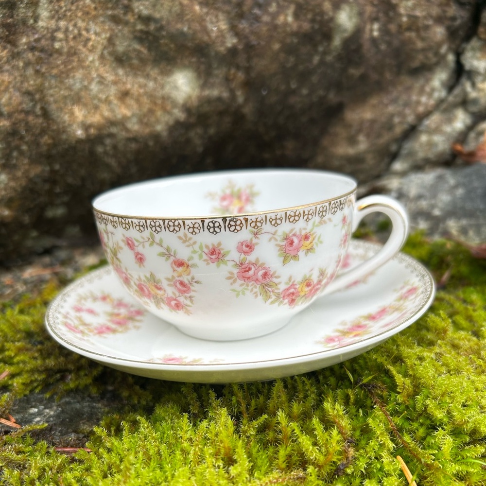 Noritake Pink Floral Teacup and Saucer made of Bone China